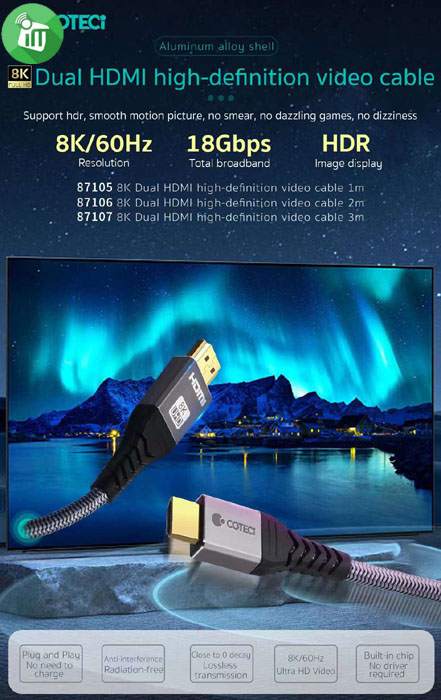 COTEetCI Aluminum Alloy Shell Dual HDMI 8K60Hz Braided Cable (1M)