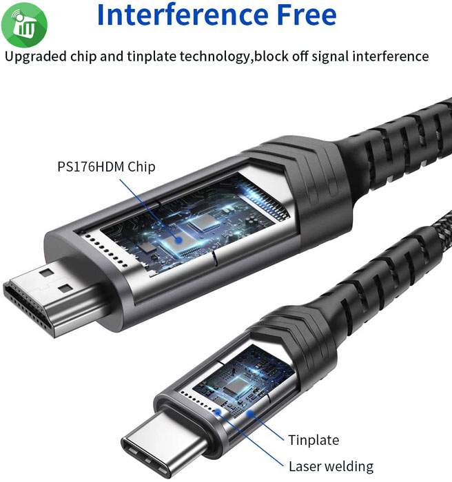 JSAUX USB C Male to HDMI Male 4K 60Hz UHD Nylon Braided Cable (2M)